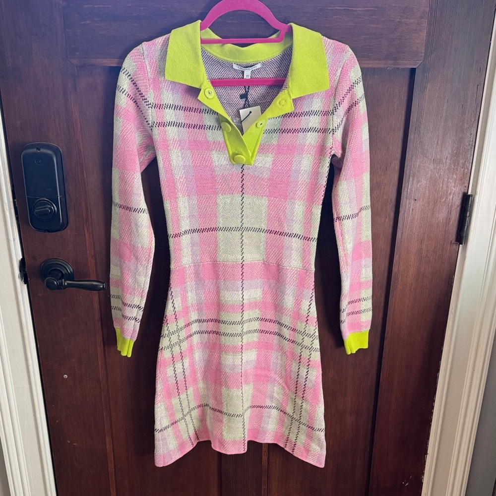 OLIVIA RUBIN Vibrant Knit Dress with Lime and Pink Accents